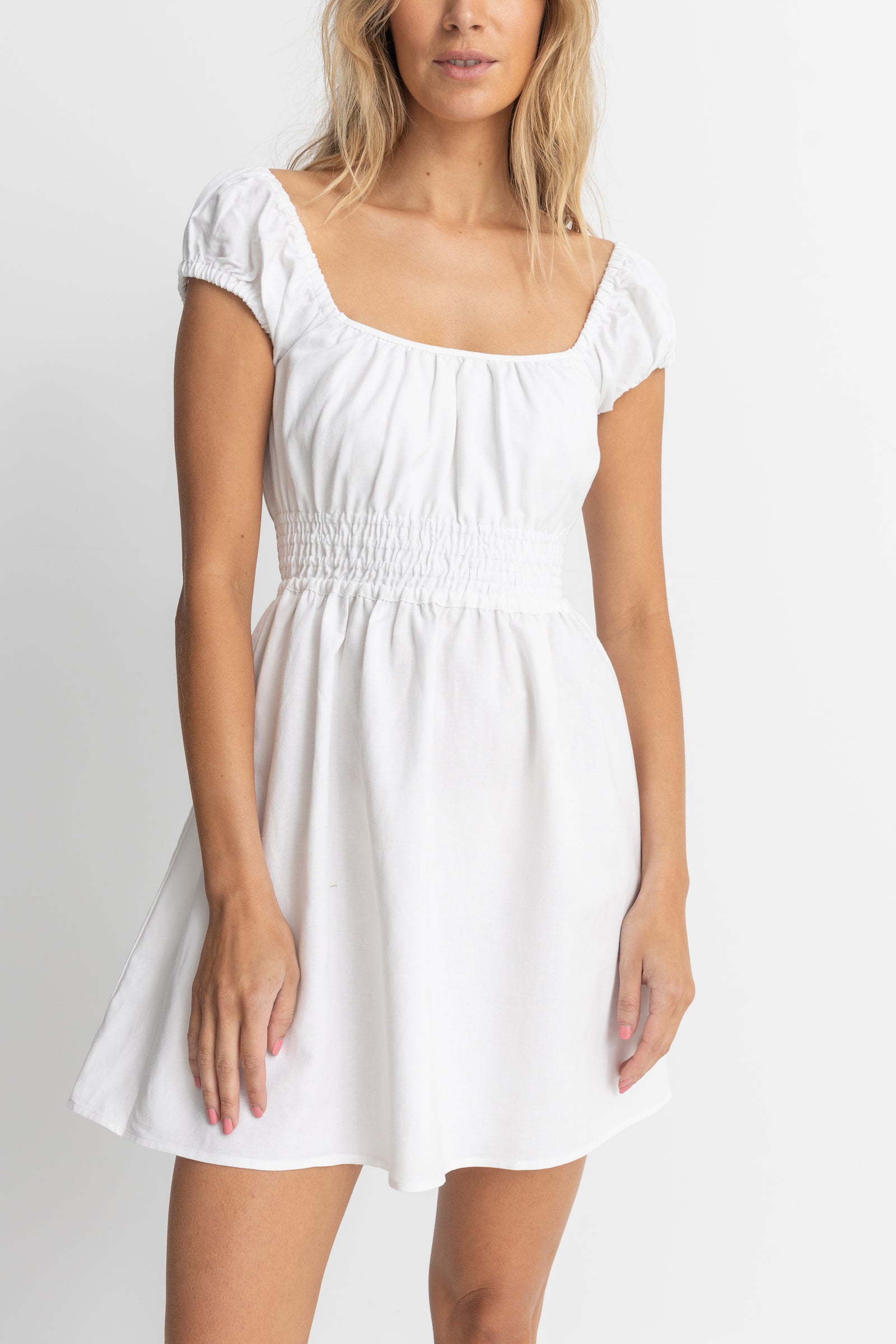 RHYTHM WASHED OUT CAP SLEEVE MINI DRESS WHITE