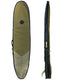 A green and black Creatures Hardwear longboard cover with a padded handle and shoulder strap, made from heavy-duty canvas fabric.
