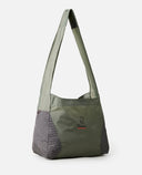 Green shoulder bag with a visible brand logo on a white background, PACKABLE 20 LITRES OF SPACE