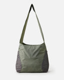 Green shoulder bag with a visible brand logo on a white background, PACKABLE 20 LITRES OF SPACE