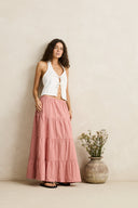 RHYTHM KIRRA CHECK TIERED MAXI SKIRT - PINK