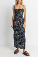 RIP CURL FLEUR FLORAL GATHERED MAXI DRESS - BLACK