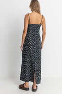 RIP CURL FLEUR FLORAL GATHERED MAXI DRESS - BLACK