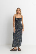 RIP CURL FLEUR FLORAL GATHERED MAXI DRESS - BLACK