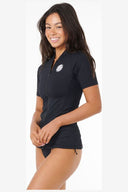 RIP CURL PREMIUM SURF ZIP THRU SHORT SLEEVE RASH TOP - BLACK