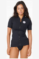 RIP CURL PREMIUM SURF ZIP THRU SHORT SLEEVE RASH TOP - BLACK