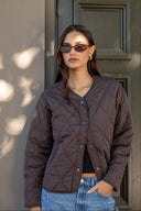 STORIES BE TOLD APEX COLLARLESS QUILTED JACKET - CHOCOLATE