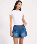 ONE TEASPOON FUNKS HIGH WAIST ELASTICATED FLIPPY DENIM SHORT - BLUE