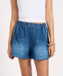 ONE TEASPOON FUNKS HIGH WAIST ELASTICATED FLIPPY DENIM SHORT - BLUE