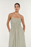 STAPLE THE LABEL LISARA MIDI DRESS - KHAKI WHITE STRIPE