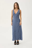 AFENDS MOUNTAINS TULLY SEERSUCKER MAXI DRESS - NAVY RED CHECK