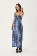 AFENDS MOUNTAINS TULLY SEERSUCKER MAXI DRESS - NAVY RED CHECK