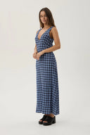 AFENDS MOUNTAINS TULLY SEERSUCKER MAXI DRESS - NAVY RED CHECK