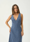 AFENDS MOUNTAINS TULLY SEERSUCKER MAXI DRESS - NAVY RED CHECK