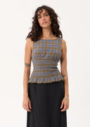 AFENDS CEDAR - SEERSUCKER SLEEVELESS TOP - CEDAR / BLUE CHECK