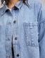 All About Eve Dale Shacket in light blue denim featuring chest pockets, button front closure and curved hemline