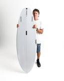 Man holding a white surfboard against a white background