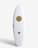 White surfboard with a brown circle and black text on a white background