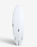 White surfboard with a black logo on a white background