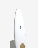 White cylindrical object with a small logo on a light gray background