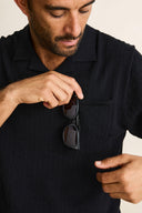 RHYTHM TEXTURED KNIT JOHNNY POLO - BLACK