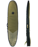 A green and black Creatures Hardwear longboard cover with a padded handle and shoulder strap, made from heavy-duty canvas fabric.