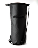 Black dry bag with shoulder strap on a white background
