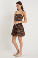 FLORENTINE POLKA DOT PLEATED MINI DRESS - CHOCOLATE
