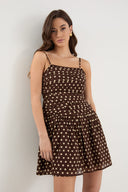 FLORENTINE POLKA DOT PLEATED MINI DRESS - CHOCOLATE