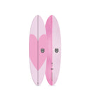 Pink and white surfboard with a heart design on a white background O&E SOFT BOARD