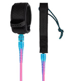 Black surf leash with blue and pink gradient ends on a white background