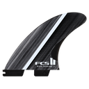 Carbon fiber surfboard fin with FCS logo on a white background