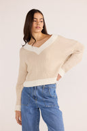MINK PINK MEGAN V-NECK SWEATER - BEIGE