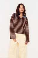 MINK PINK VESPER POLO TOP - CHOCOLATE STRIPE