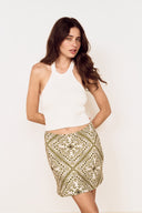 MINK PINK REMI BIAS MINI SKIRT - OLIVE PAISLEY