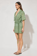 MON RENN ELOWEN MINI DRESS GREEN ON MODEL WHITE BACKGROUND