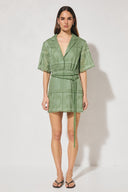MON RENN ELOWEN MINI DRESS GREEN ON MODEL WHITE BACKGROUND