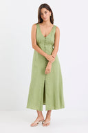 AMONG THE BRAVE PANAMA SLEEVELESS BUTTON FRONT MIDI DRESS - MOSS