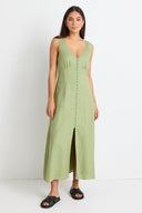 AMONG THE BRAVE PANAMA SLEEVELESS BUTTON FRONT MIDI DRESS - MOSS
