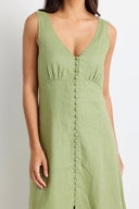 AMONG THE BRAVE PANAMA SLEEVELESS BUTTON FRONT MIDI DRESS - MOSS