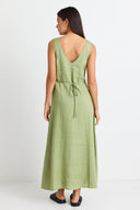 AMONG THE BRAVE PANAMA SLEEVELESS BUTTON FRONT MIDI DRESS - MOSS