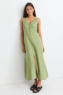 AMONG THE BRAVE PANAMA SLEEVELESS BUTTON FRONT MIDI DRESS - MOSS