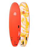 Orange surfboard with a logo on a white background. SALLY FITZGIBBON SOFT TOP SOFTOP SOFT BOARD. LEARNER SURFBOARD