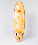 Orange surfboard with a logo on a white background. SALLY FITZGIBBON SOFT TOP SOFTOP SOFT BOARD. LEARNER SURFBOARD