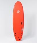 Orange surfboard with a logo on a white background. SALLY FITZGIBBON SOFT TOP SOFTOP SOFT BOARD. LEARNER SURFBOARD