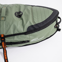 Green bag with black zipper and orange strap on a white background