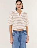 STAPLE THE LABEL EAMON KNIT POLO TEE - WHITE BEIGE/STRIPE