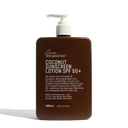 A pump bottle of WE ARE FEEL GOOD COCONUT SUNSCREEN Lotion SPF50+, with a dark label and coconut scent.