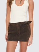 THRILLS ARDEN BUCKLE FLOCKED DENIM MINI SKIRT - DARK CHOCOLATE