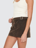 THRILLS ARDEN BUCKLE FLOCKED DENIM MINI SKIRT - DARK CHOCOLATE